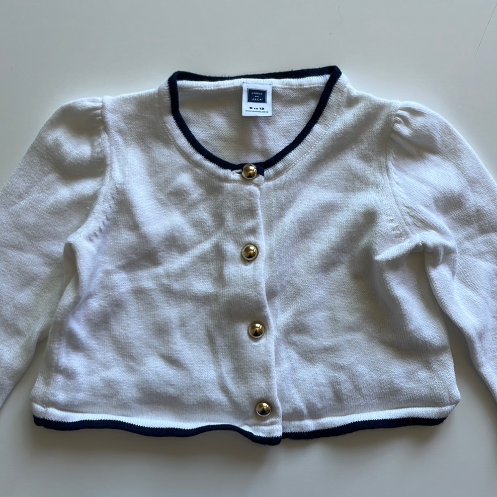 White and Navy Baby Cardigan Gold Buttons by Janie and Jack, size 6-12 mos.